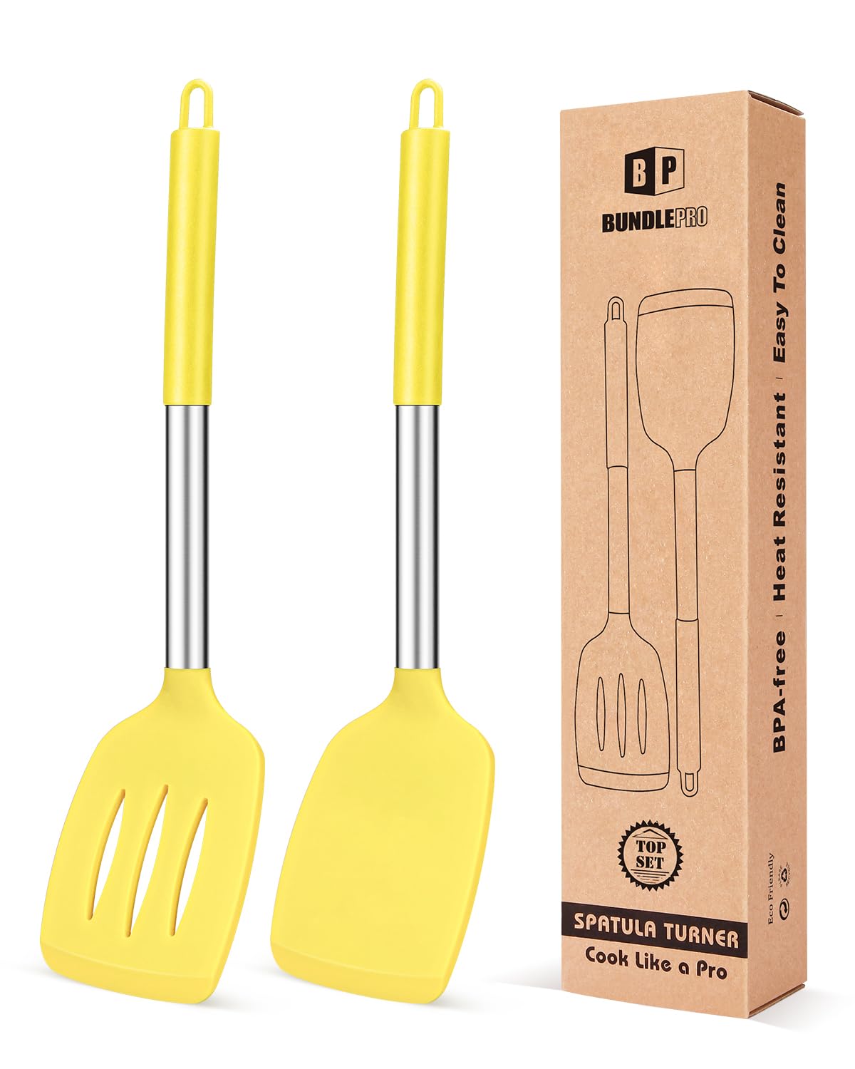 Pack of 2 Silicone Solid Turner,Non Stick Slotted Kitchen Spatulas,High Heat Resistant BPA Free Cooking Utensils,Ideal Cookware for Fish,Eggs,Pancakes (Yellow)