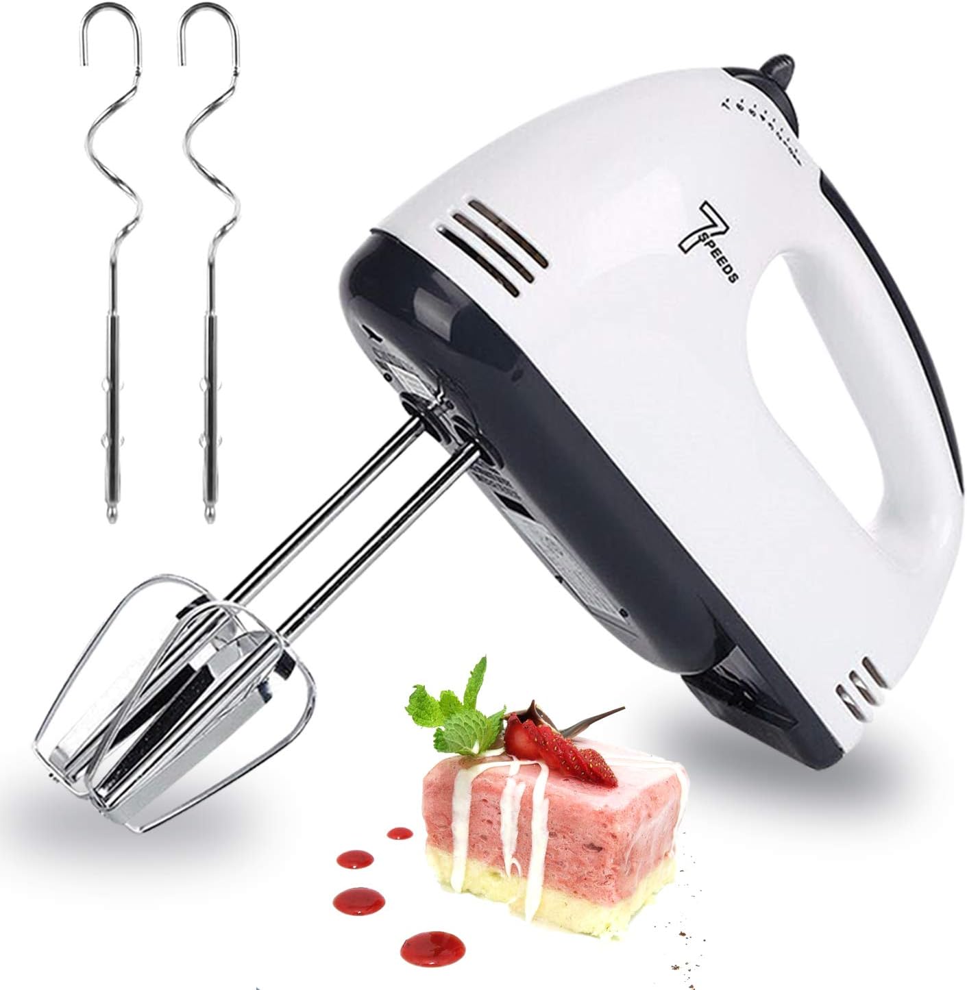 2021 Upgraded Electric Hand Held Mixer, Multifunctional 7 Speed Mixer with Easy Eject Button, 180W Power Lightweight Kitchen Blender with 4 Stainless Steel Accessories(2 Beaters+2 Dough Hooks)