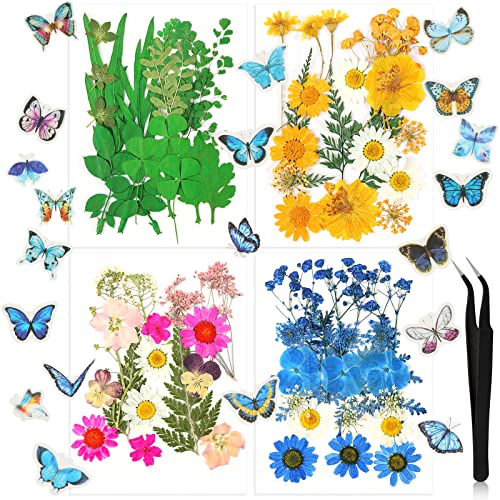 HAKACC Dried Pressed Flowers, 115PCS Flat Flowers for Resin Real Dried Flowers Leaves and Butterfly Stickers for Scrapbooking Jewellery Nail Art DIY crafts