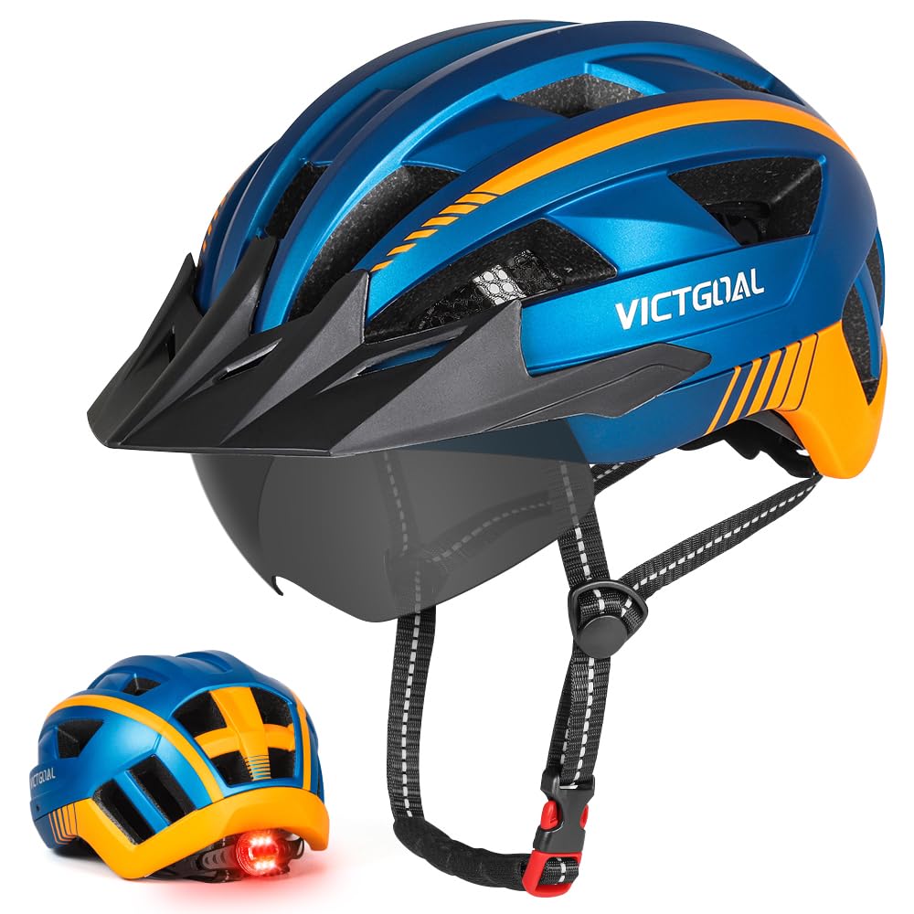 Victgoal Bike Helmet for Men Women with Led Light Detachable Magnetic Goggles Visor Mountain & Road Bicycle Helmets Adjustable Size Adult Cycling Helmets (Blue, L: 22.4-24 inch (57-61 cm))