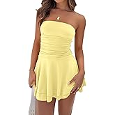 Women Sexy Tube Top Silk Dress Strapless Ruched Basque Waist Ruffle Layer Mini Dress Jumpsuit Party Dresses