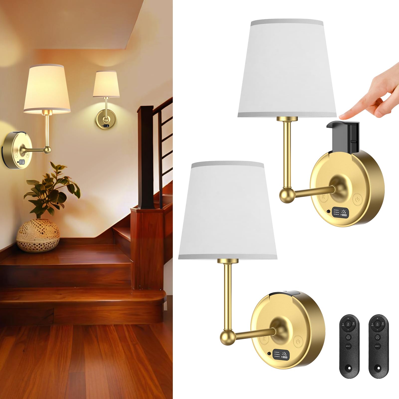 Photo 1 of Battery Operated Wall Sconces Set of Two [8000mAh Detachable & Rechargeable Battery] 3 Color Temperature & Dimmable Lamp with LED Display & Remote, Wireless Wall Light for Bedroom & Living Room
