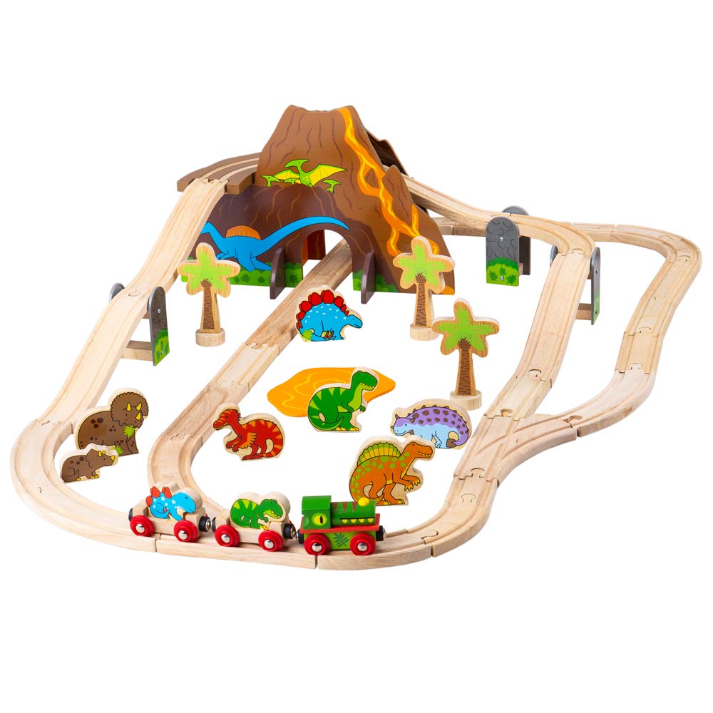 Bigjigs Rail, Dinosaur Wooden Train Set (49pc), Wooden Toys, Train Sets, Dinosaur Toys, Bigjigs Train Sets, Dinosaur Track, Wooden Train Sets, Trains For Kids Multicoloured