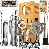 Jake and Jill Bartender Kit: 12-pc Cocktail Shaker Bar Set - Engraved Recipes, Bamboo Organizer Stand, Essential Bar Accessories, and Bonus Recipe E-Book for Bartending Enthusiasts - The Perfect Gift