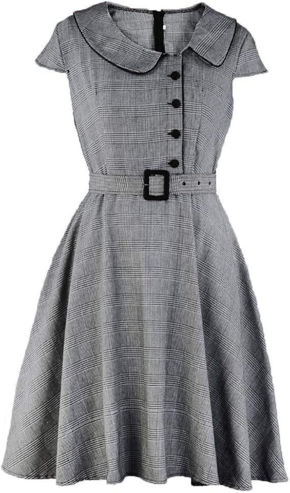 Amazon レディース 1950s レトロ チェックプリント スイング 膝丈 ミディ ワンピース ロカビリー 夏 春 半袖 Aライン ベルト付き プリーツ ボタンダウン ラペル ルーズ フォーマル ハイウエスト 礼服 パーティ プロム 结婚式 お呼ばれ 洋服 同窓会 ワンピース