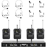 Phenyx Pro Wireless Microphone System, 4-Channel Wireless Mic Set w/ 4 Bodypacks and Headsets/Lapel Mics, 4x25 UHF Frequencies, 200ft Coverage, Cordless Microphone for Singing, Church (PTU-5200-4B)