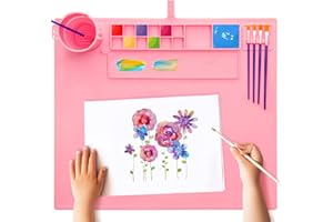 iArtker Silicone Painting Mat for Table Protection, 20"x16" Non-Slip Silicone Craft Art Mat with Cup and Lid for Painting, DIY, Resin, Clay, Pink