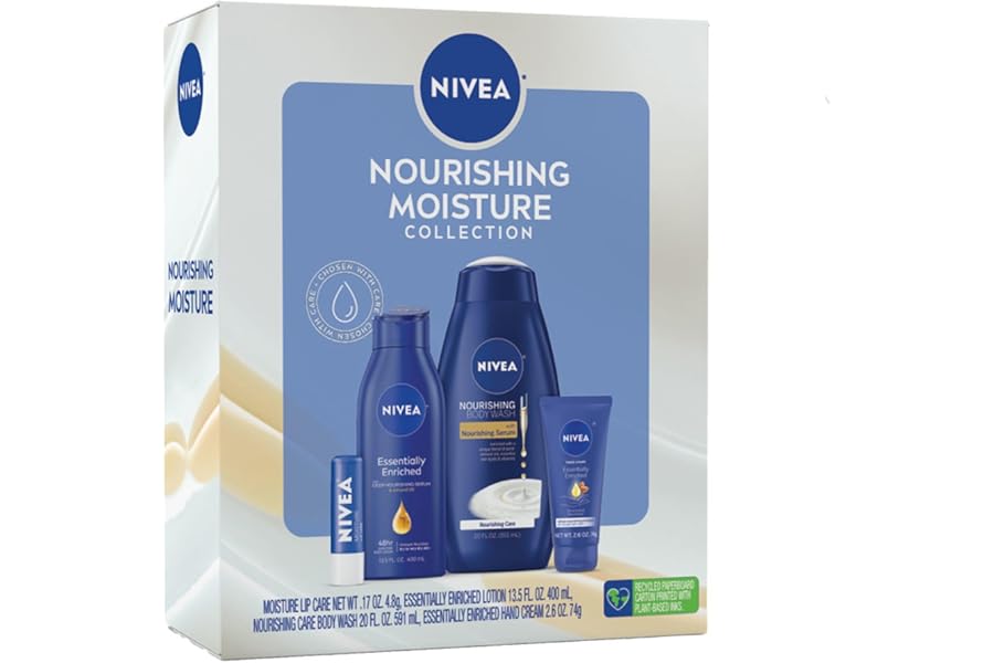 NIVEA Skin Care Set For Her, Nourishing Body Wash, Moisturizing Body Lotion, Lip Balm Stick with Shea Butter, & Hand Cream, 4 Piece Gift Set
