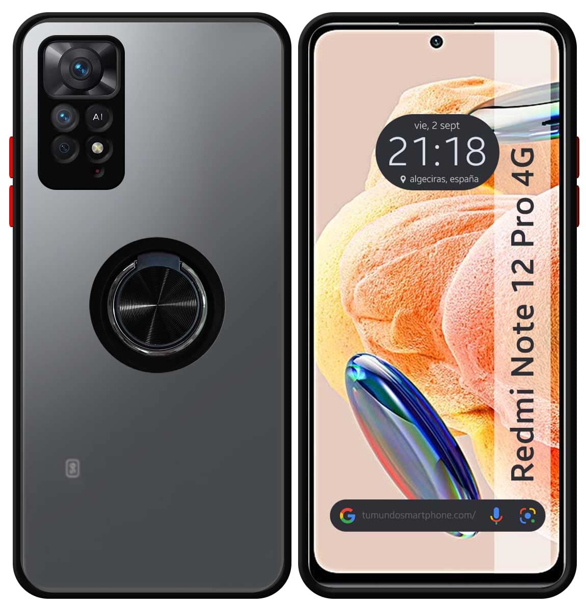 Tumundosmartphone Matte Case with Black Edge and 360 Rotating Ring for Xiaomi Redmi Note 12 Pro 4G