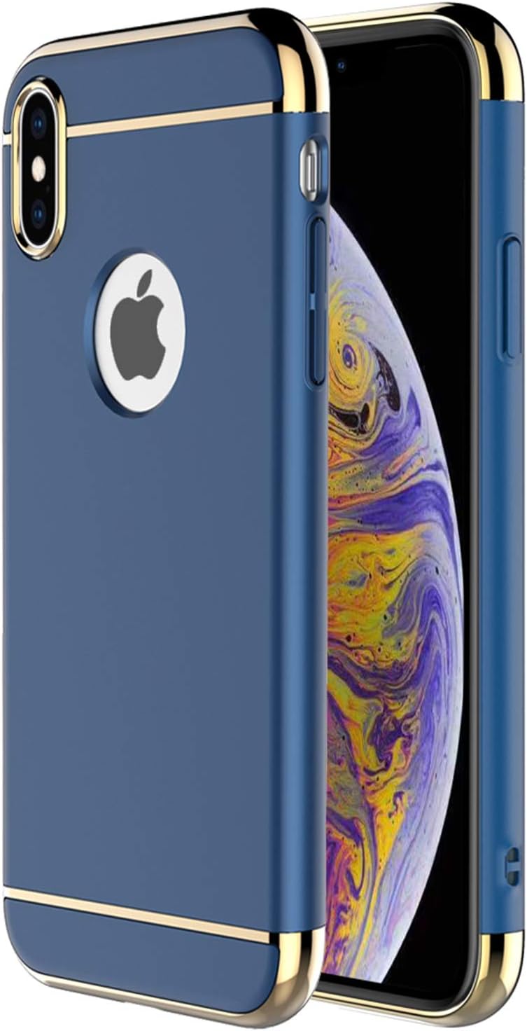 iPhone Xs Max Case,RORSOU 3 in 1 Ultra Thin and Slim Hard Case Coated Non Slip Matte Surface with Electroplate Frame for Apple iPhone Xs Max (6.5")(2018) - Blue and Gold