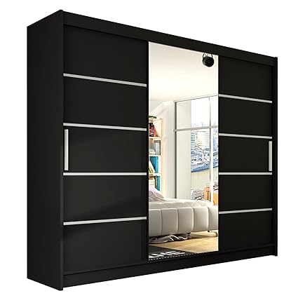 Modernes Schwebetürenschrank Aston VI mit Spiegel, 250 x 215 x 58 cm, Kleiderschrank, Garderobe, Schlafzimmer, Schiebetürensc