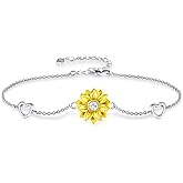 SNZM Bracelets for Women, 925 Sterling Silver Sunflower Bracelet Chain Adjustable Heart Charm Link Birthday Sunflower Jewelry for Women/Girlfriend