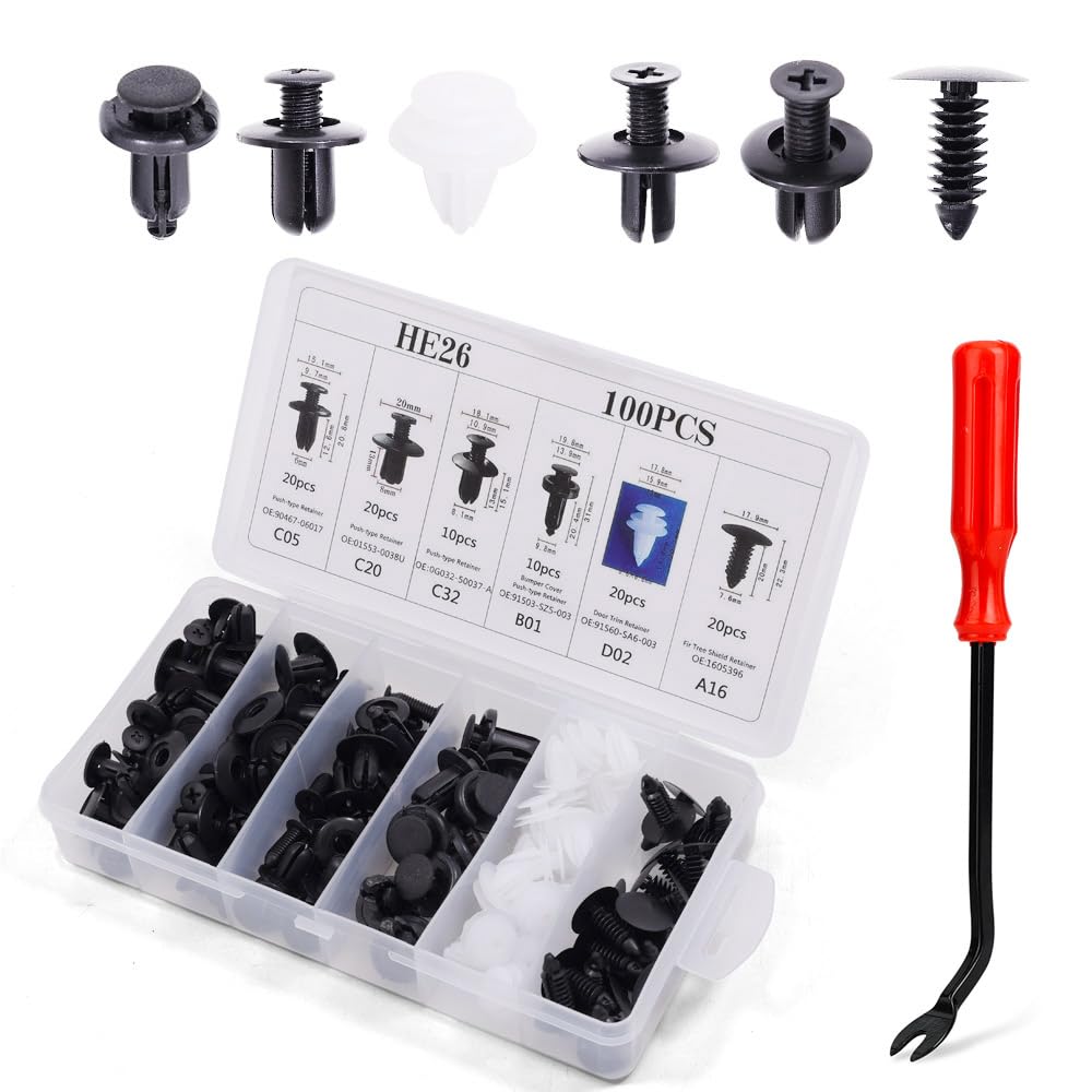 Photo 1 of 100 PCS Bumper Retainer Clips Car Rivets Fasteners Retainer Kit and 1 Fastener Removers Most Popular Sizes Auto Push Pin Rivets Set -Door Trim Panel Fender Clips for Most Models