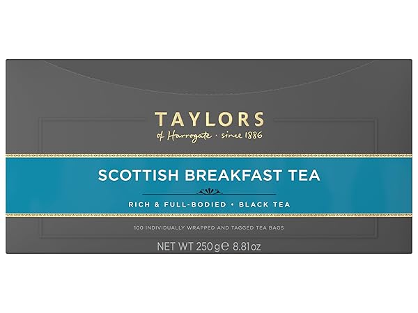 TAYLORS OF HARROGATE SCOTTISH BREAKFAST BLACK TEA INDIVIDUALLY WRAPPED BAGS, 100 COUNT (PACK OF 1), STRONG, MALTY AND FULL, CAFFEINATED, ENJOY HOT OR ICED, 100 TEABAGS