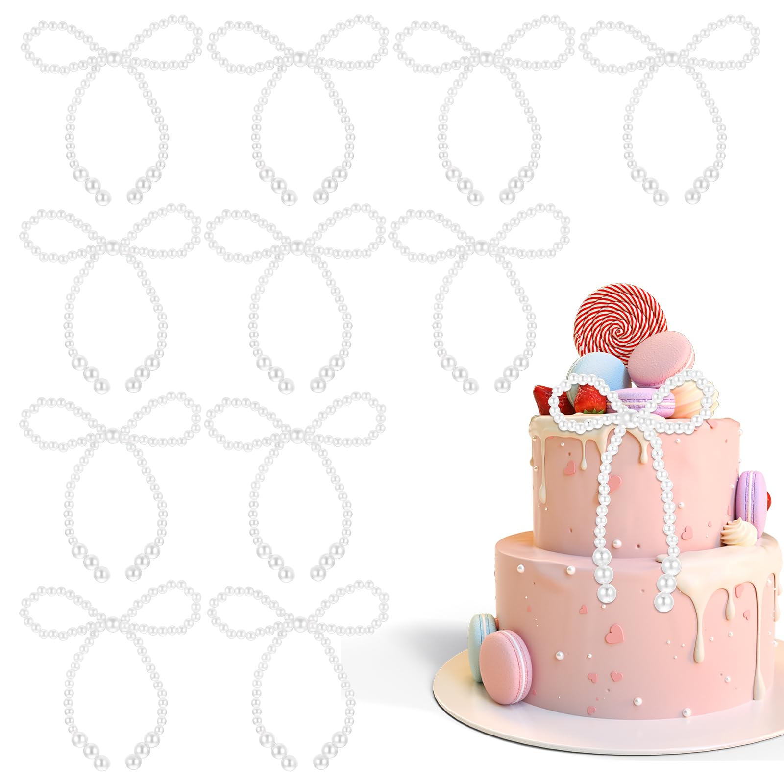 Photo 1 of 12Pcs Bow Cake Toppers, Elegant Cupcake Toppers For Wedding Birthday Baby Shower Bridal Party Decorations, White Artificial Pearl Bows For Cakes Bouquets Gift Wrapping