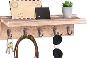 ZUXEFO Key and Mail Holder Wall Mounted (5 Hooks, Small), Wooden Wall Hanging Key Holder with Shelf, Rustic Entryway Rack Organizer for Key Mail Dog Leash Bag Coat - by YHYZ