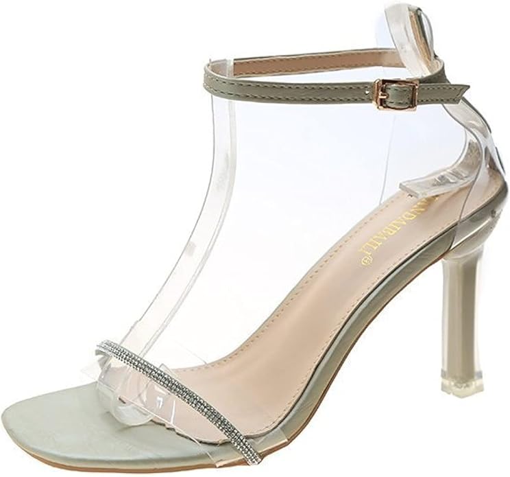 Amazon.com | Woman's Rhinestone Square Toe Ankle Strap Heeled Sandals Chunky High Heels Pumps 