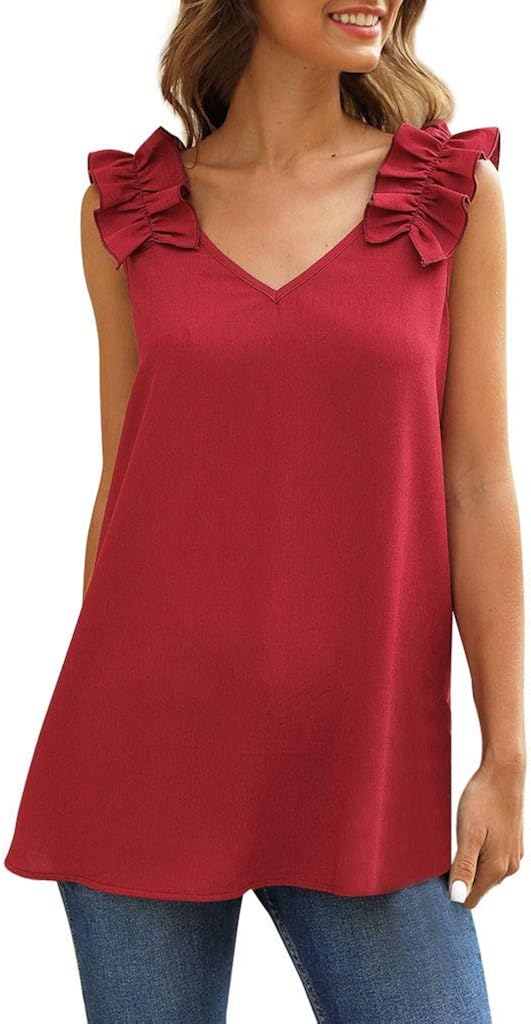 FONMA Womens Fashion V Neck Sleeveless Pleated Shoulder Casual Elegant Tank Tops