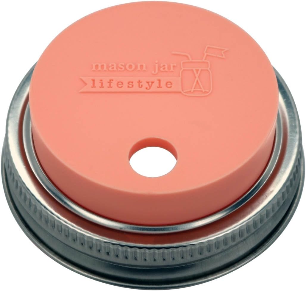 MJL Silicone Straw Hole Tumbler and Fermentation Lid with Rust Proof Band for Mason Jars (2 Pack, Light Coral, Regular Mouth)