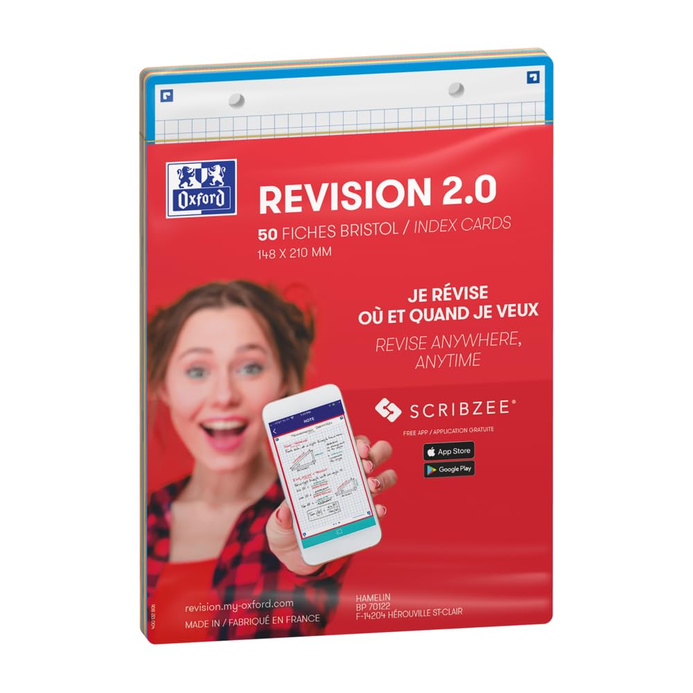 OXFORD Revision 2.0 Pack of 50 Bristol Cards A5 (14.8 x 21 cm) Small Squares on Both Sides - Frame Assorted Colours