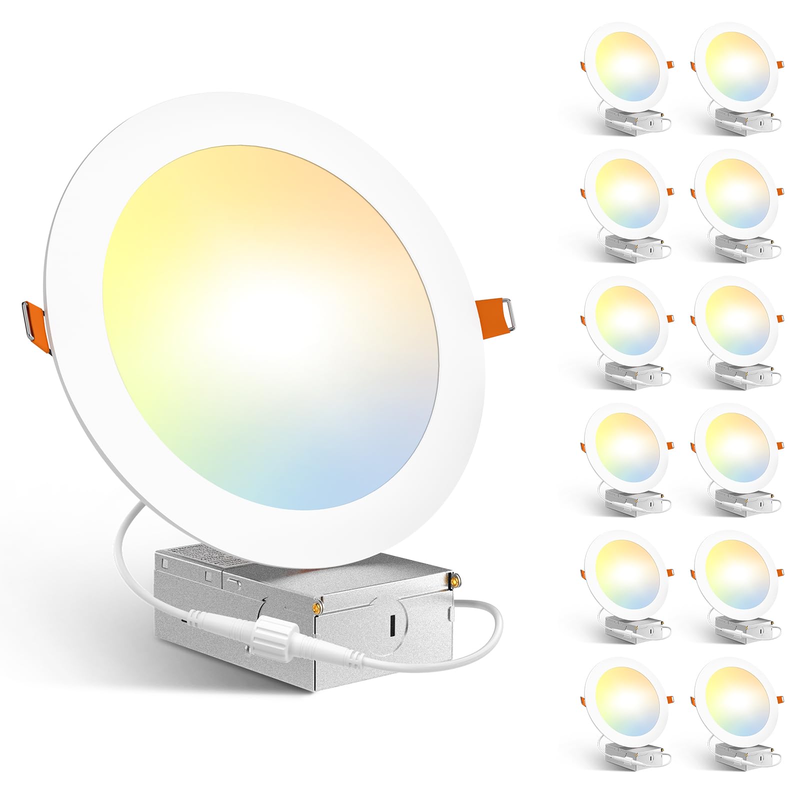 Photo 1 of Amico 12 Pack 7 Inch 5CCT Ultra-Thin LED Recessed Can/Ceiling Light with Junction Box, 1300LM High Brightness, Dimmable Wafer Downlight, 15W, ETL&FCC