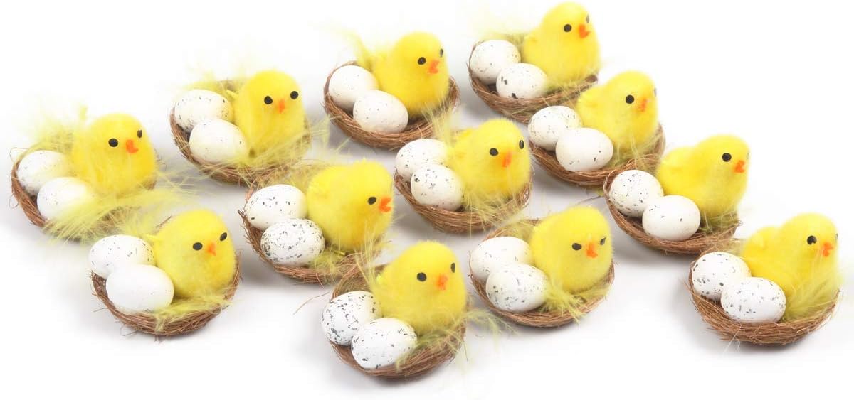 Cute Easter Chicks | Vibrant Fuzzy Easter Chickens with Nest |Adorable Easter Bonnet Decoration for Party Favors (Pack of 12)