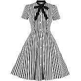 IWEMEK Black White Striped Dress for Women Short Sleeve 1950s Dresses for Women Tea Party Dress Rockabilly 1960s 50s Dresses