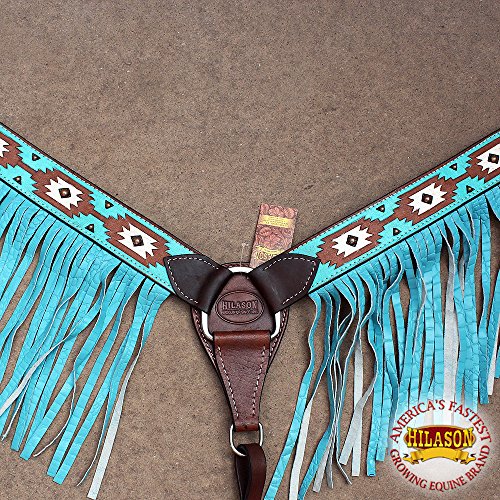 HILASON Western Leather Horse Breast Collar Brown Turquoise Fringes