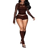 Aceilika 3 Piece Outfits for Women Sexy Sheer Mesh Long Sleeve Tops with Tank Bodycon Short Sets and Calf Sleeve