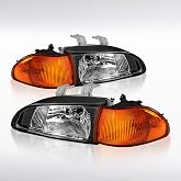 Autozensation Headlights/Corner Lights For 1992-1995 Honda Civic Black | Fits 1992-1995 Honda Civic 4DR Black Housing Headlights, Amber Corner Lights