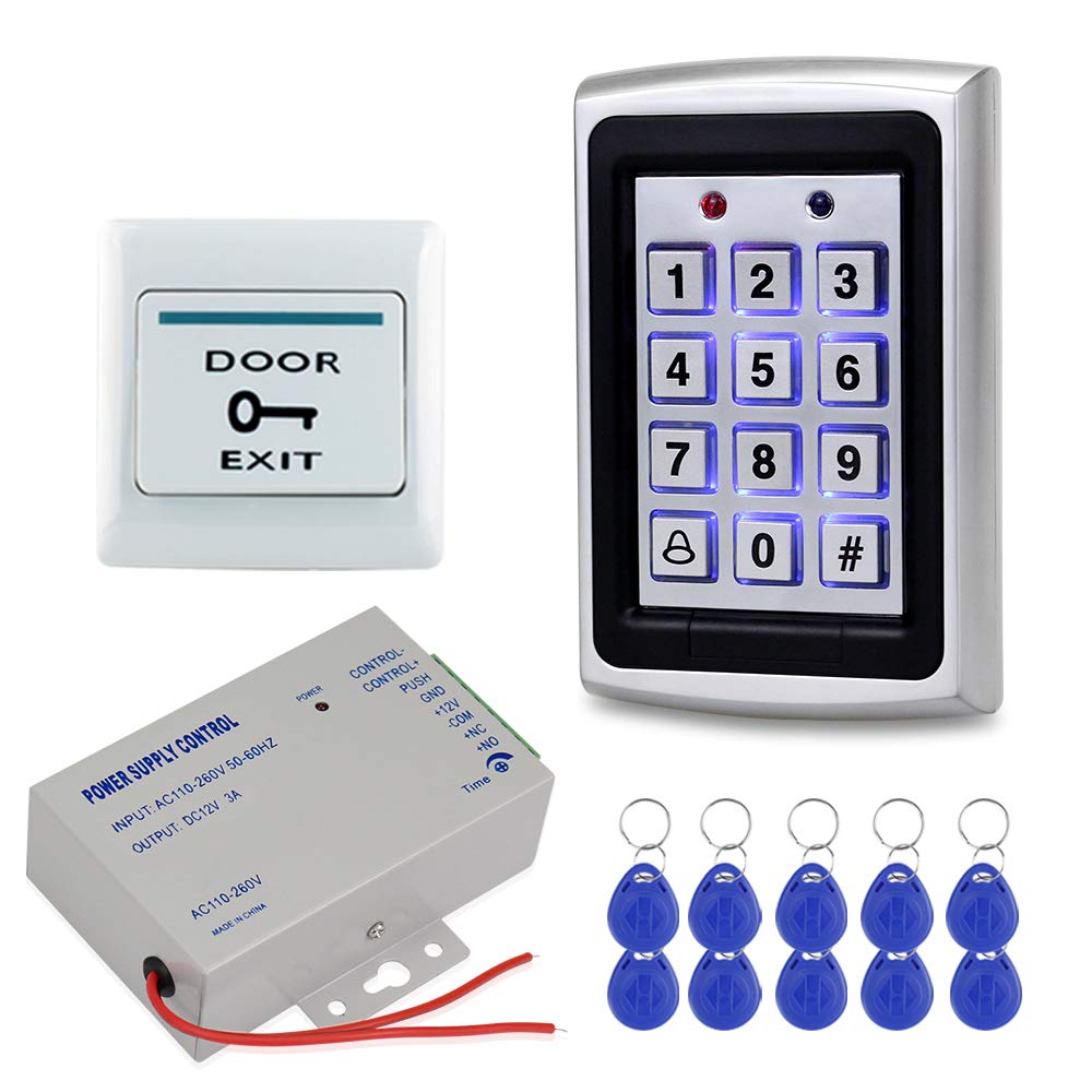 HFeng Door Access Control System Kit 125KHz RFID Keypad Metal Case + DC12V 3A Power Supply Controller + Door Exit Button + 10pcs Keyfobs (Without Lock)