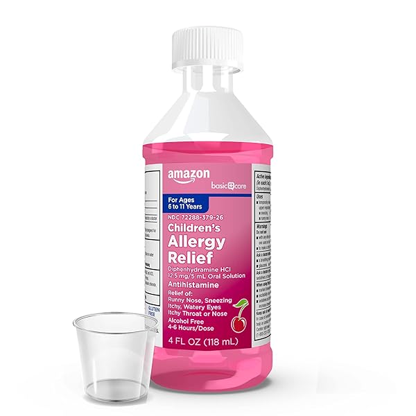 AMAZON BASIC CARE CHILDREN’S ALLERGY RELIEF ORAL SOLUTION, DIPHENHYDRAMINE HCL, CHERRY FLAVOR, 4 FL OZ (PACK OF 1)