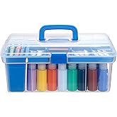 OGANAZI Plastic Paint Storage Box, Craft Paint Organizer with Divided Tray and Cleaning Slot, Pigment Storage Bin for 36 Bottles 2 fl. oz Acrylic Paints, Craft Art Supply Box for Stationery(Blue)