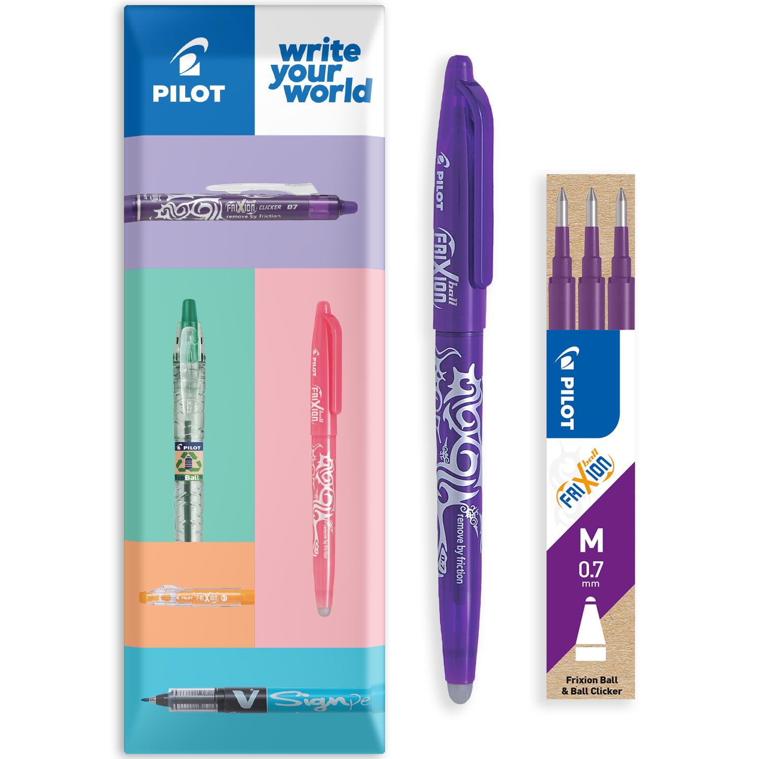 PILOT Frixion Heat/Friction Erasable Rollerball Pen FR7 - Medium Line 0.7mm Tip Nib - In Envelope Gift Packaging - Pack of 1 Pen + 3 Refills (Violet)