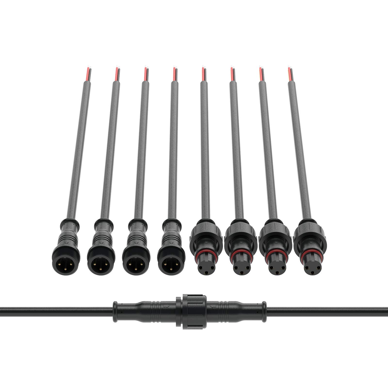 BTF-LIGHTING 3 Pin Waterproof Electrical Connector 22AWG IP65 Male Female Connector 7.87in/20cm Extension Cable For Truck Boat Indoor/Outdoor LED Strip Lights/String 15mm Nut Small Size 5 Pairs