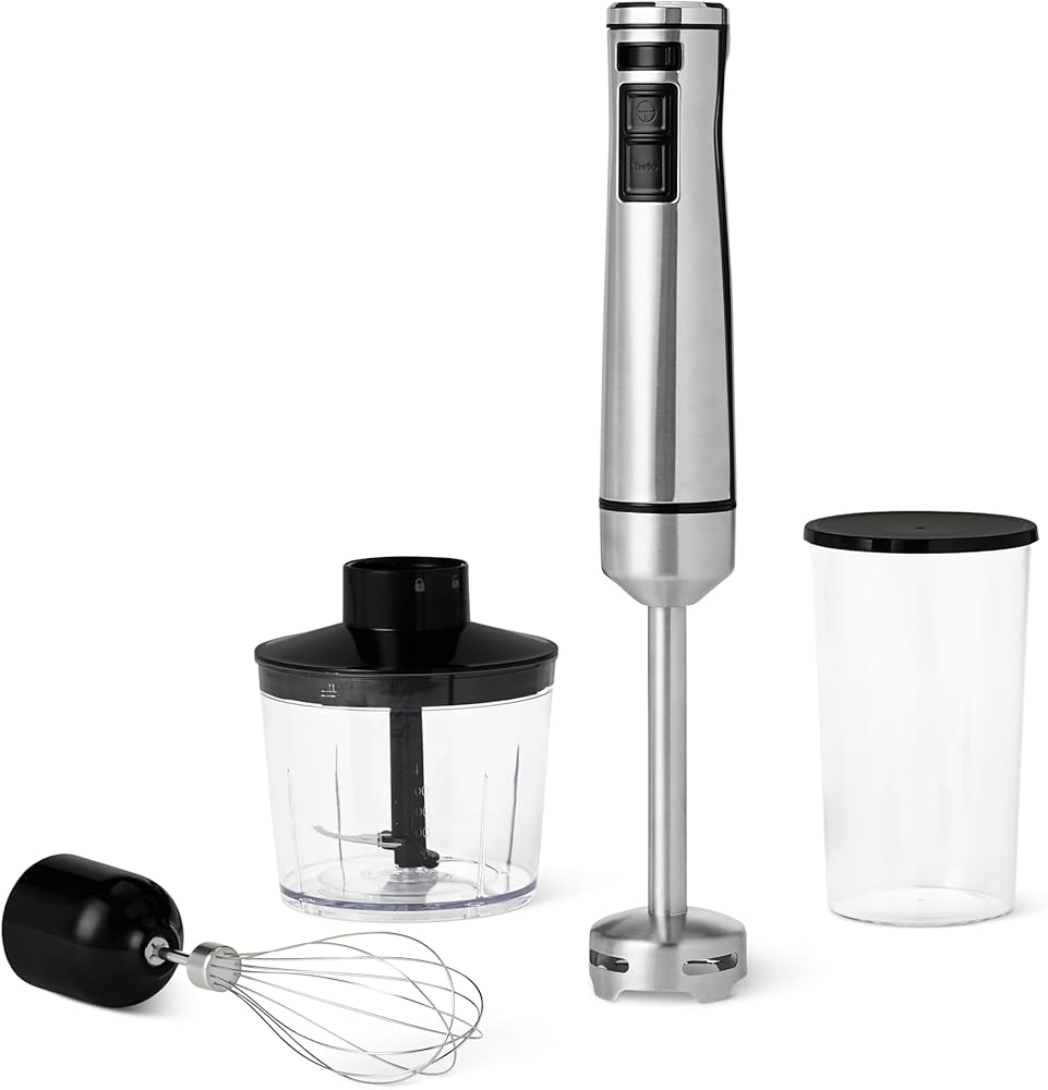 Amazon Basics 500 Watt Multi-Speed Immersion Hand Blender with Attachments, Corded, Silver