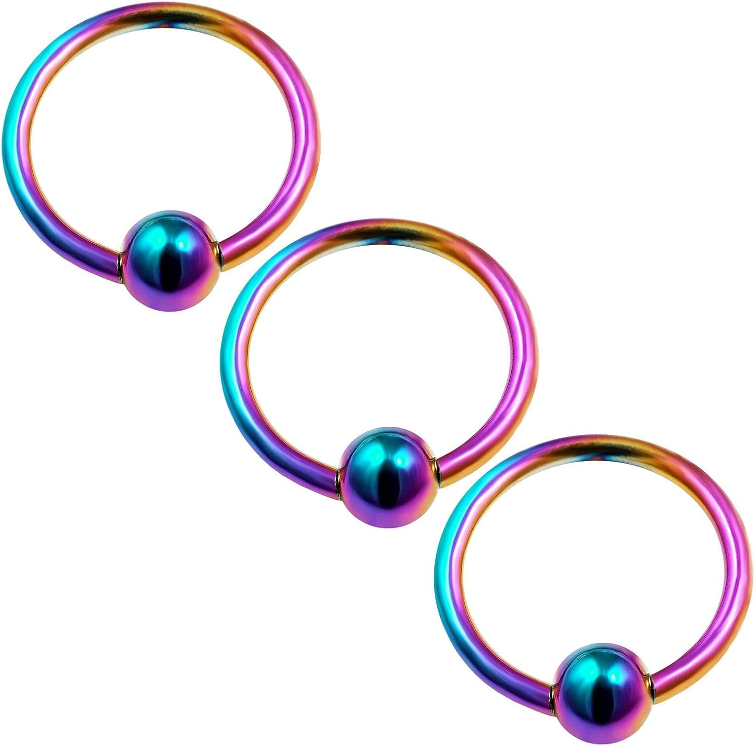 3PCS Steel Rainbow Captive Hoop Earrings 16g 6mm 8mm 10mm 3mm Ball