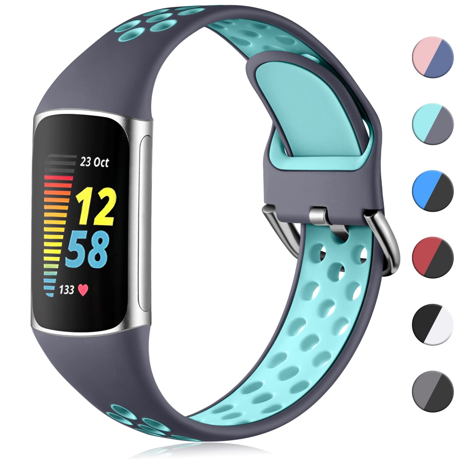 CeMiKa Sport Silicone Strap Compatible with Fitbit Charge 5/Charge 6, Waterproof Soft Adjustable Breathable Sport Bands, Small/Large — image 1