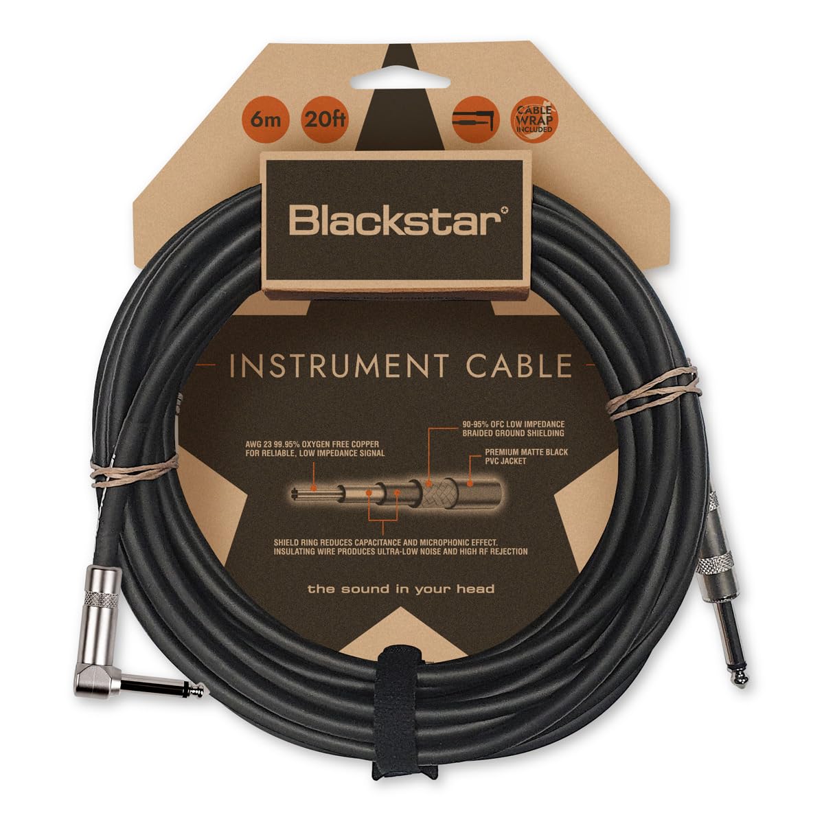 Blackstar 6m (20ft) Instrument Cable Straight ¼” Jack to Angle ¼” Jack for Bass/Electric Guitar/Electro-Acoustic/Keyboard/Amp
