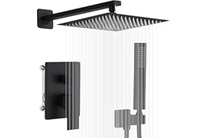 JingGang Matte Black Shower System 12 Inch Bathroom Luxury Rain Mixer Shower Combo Set Wall Mounted Rainfall Shower Head and Handheld System Shower Faucet Set Rough-in Valve Body and Trim Included