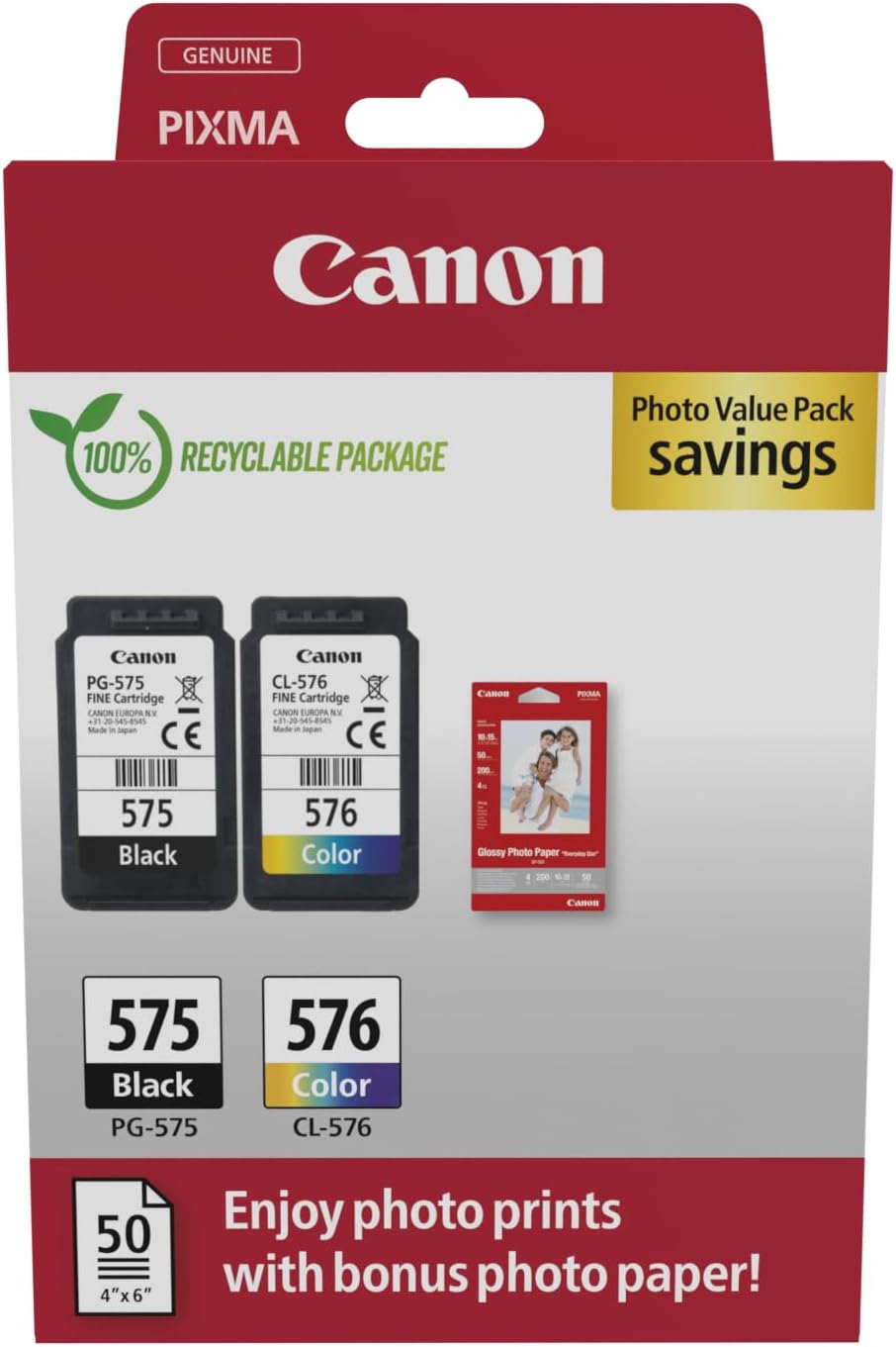 Canon PG-575 CL-576 Ink Cartridge 2 Pack Black Colour Photo Paper 50 Sheets
