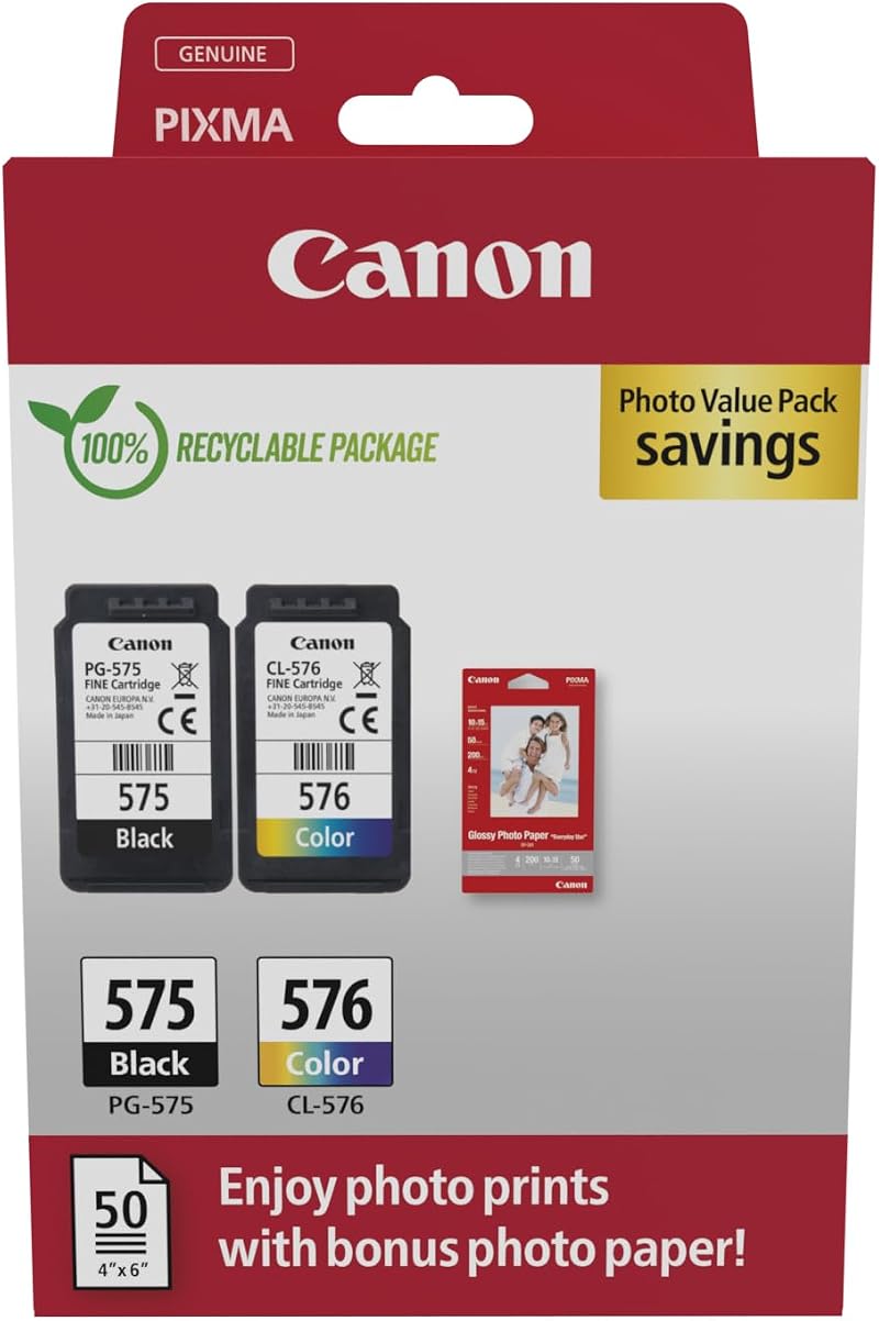 Canon PG-575 CL-576 Ink Cartridge 2 Pack Black Colour Photo Paper 50 Sheets
