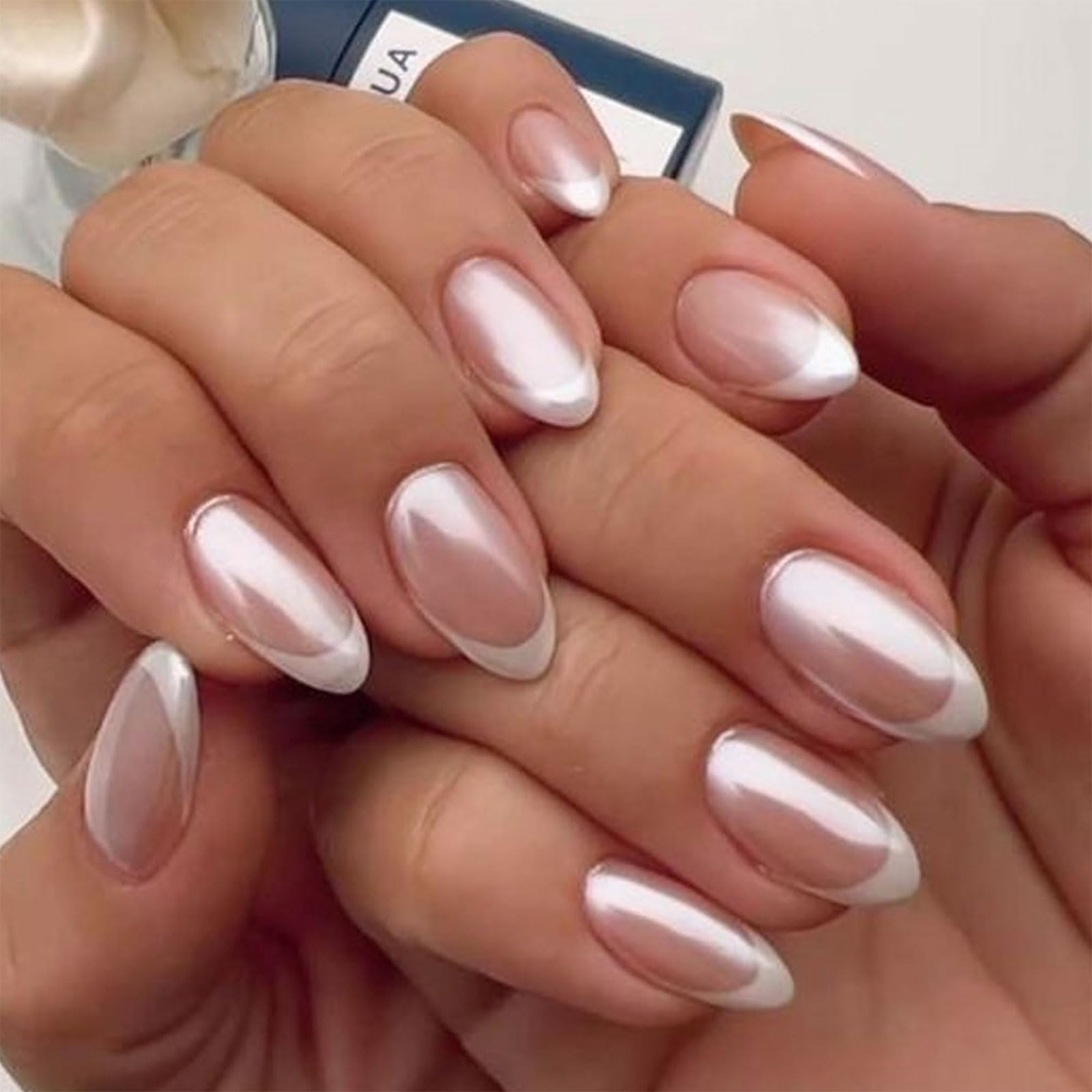 YOSOMMK French Tip Chrome Press on Nails Almond Medium Fake Nails with Mirror Designs Glossy Glue on Acrylic Nails Nude Full Cover False Nails for Women - Image 2