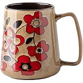 XINRRY Large 24 oz Ceramic Coffee Mug with Handle, Vintage Floral Coffee Cup, Extra Big Tea Cup for Office and Home, Dishwasher and Microwave Safe, Khaki with Red Flower