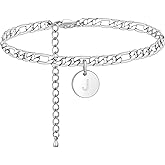 FOSIR 18k Gold Plated/Silver Tone Initial Anklets for Women, Surgical Stainless Steel Ankle Bracelets for Women Figaro Chain Anklet Beach Jewelry, Waterproof