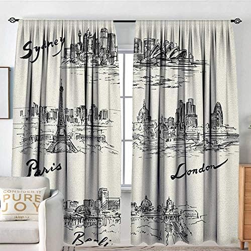 NUOMANAN Blackout Curtains 2 Panels Travel,Silhouettes of Different Popular Cities in World Paris Sidney Berlin London Print, Cream Black,Rod Pocket Curtain Panels for Bedroom & Kitchen 120"x96"