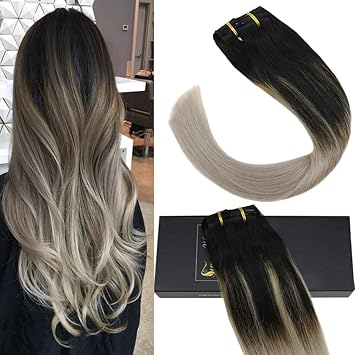 Promocion Sunny Extensiones De Cabello Natural Clip Humano Balayage Negro Natural Con Gris Clip En Extensiones Pelo Humano 7pcs120g 14 Pulgadas
