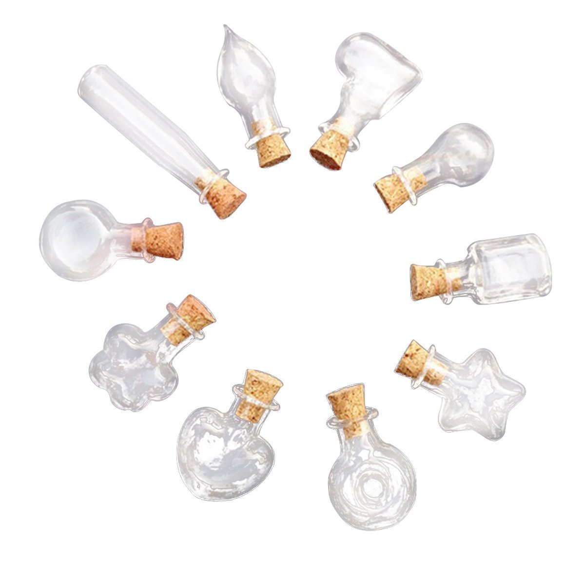 Butterme 10Pcs Mini Glass Cork Bottles Vial Wishing Bottles DIY Pendant Loop - 10 Different Shaped Bottle of Waterdrop, Bulb, Love Heart, Star, Pepper, Square, Round, XO, Flower (Transparent)