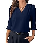 EVALESS Women's 3/4 Sleeve Tops Dressy Casual Pleated V Neck Business Work Blouses Office Shirts