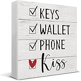 Keys Wallet Phone Kiss Wooden Box Sign Desk Decor, Farmhouse Wood Box Sign for Home Office Shelf Table Decoration 5 X 5 Inch